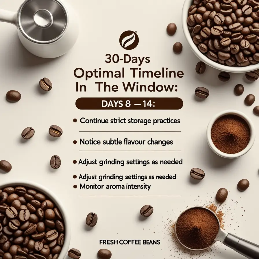 An informational image showing coffee storage tips for days 8-14, featuring whole coffee beans, ground coffee, and coffee equipment arranged around text describing optimal storage practices. The image includes a coffee bean logo and '30-Days' title.