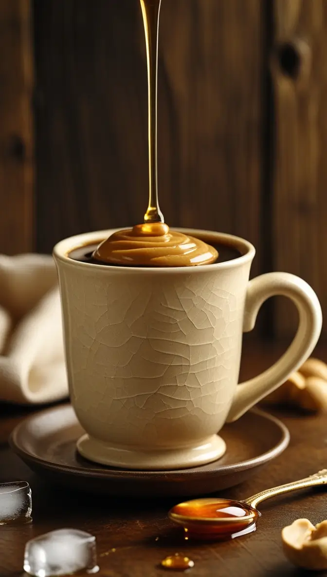 A white mug with a swirl of peanut butter in a coffee drink.