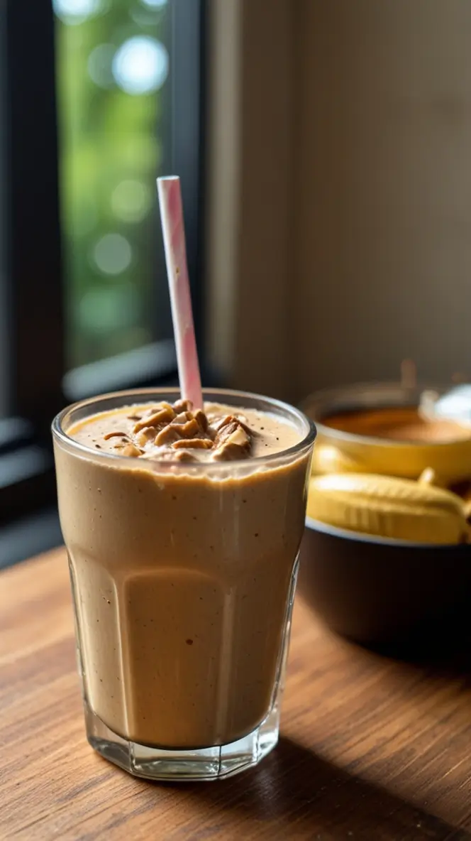 Creamy peanut butter protein coffee shake topped with whipped cream served in a tall glass with pink straw on wooden table near window with natural lighting