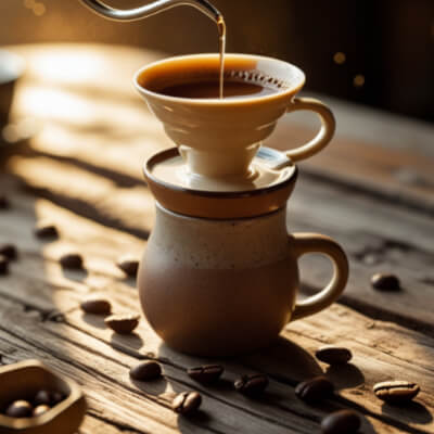 Pour-Over coffee being brewed with a white ceramic filter cone over a rustic brown ceramic mug, with coffee beans scattered on a weathered wooden surface in dramatic morning light.