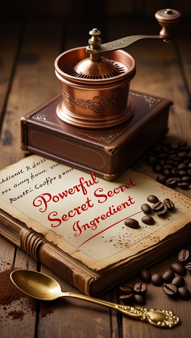 Vintage copper coffee grinder atop antique books with 'Powerful Secret Ingredient' text, scattered coffee beans, and ornate golden spoon on rustic wooden surface