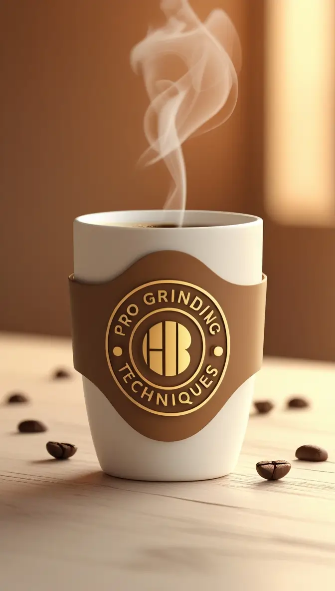 A steaming white coffee cup with a brown sleeve displaying 'Pro Grinding Techniques' logo, surrounded by scattered fresh coffee beans on a wooden surface in warm lighting.