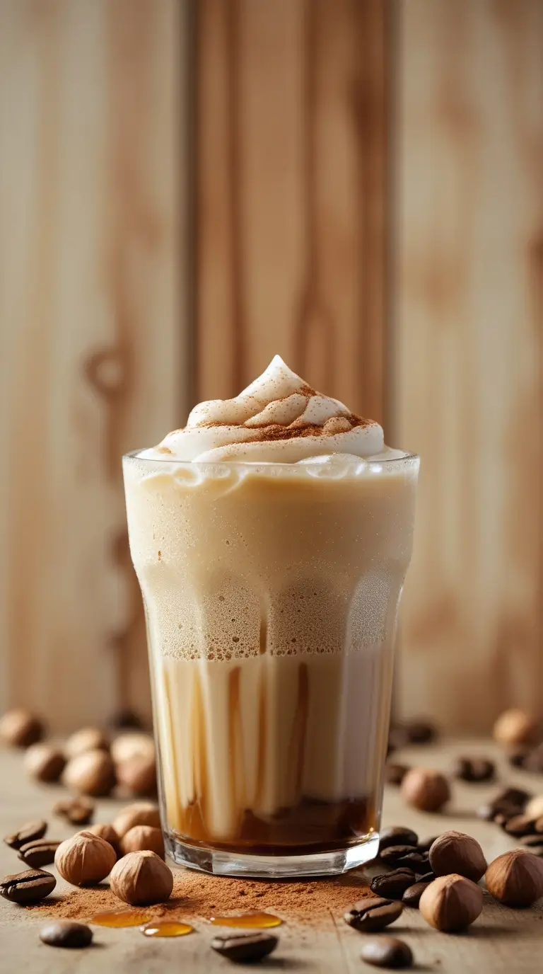 A layered hazelnut iced coffee topped with whipped cream and cinnamon, surrounded by coffee beans, hazelnuts, and cocoa powder on a wooden surface