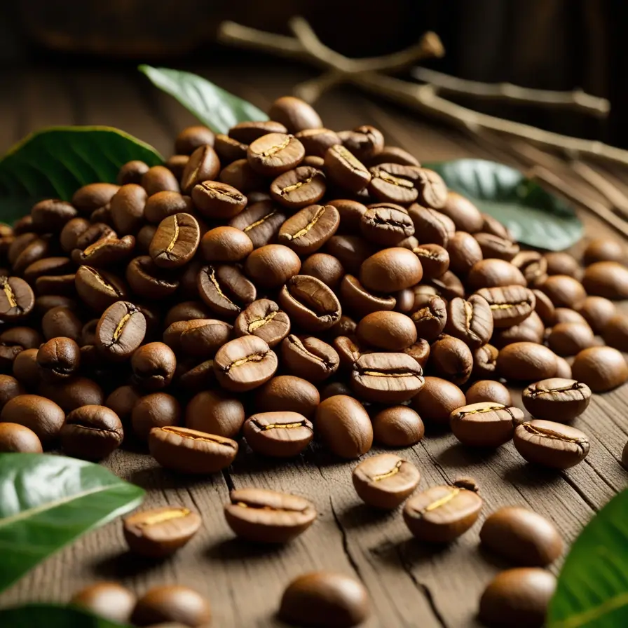 Freshly roasted coffee beans scattered on a rustic wooden surface with green coffee plant leaves in the corners, photographed in warm lighting that highlights their rich brown color | Robusta coffee