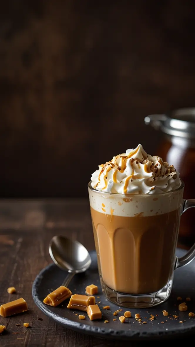 Luxurious salted caramel cream coffee topped with whipped cream and caramel drizzle, served with caramel candy pieces