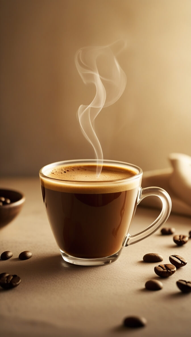 Steaming cup of fresh coffee with crema and visible steam trails, surrounded by scattered coffee beans on neutral background, demonstrating optimal temperature for slurping technique evaluation