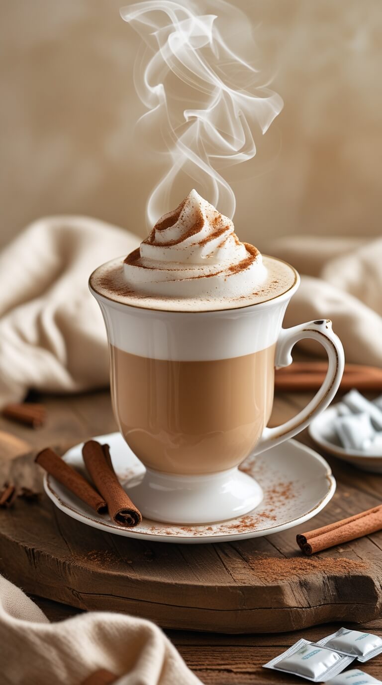 A steaming cup of Sugar-Free Vanilla Cinnamon Dolce Latte topped with whipped cream and cinnamon dust, served on a rustic wooden board with cinnamon sticks and artificial sweetener packets.