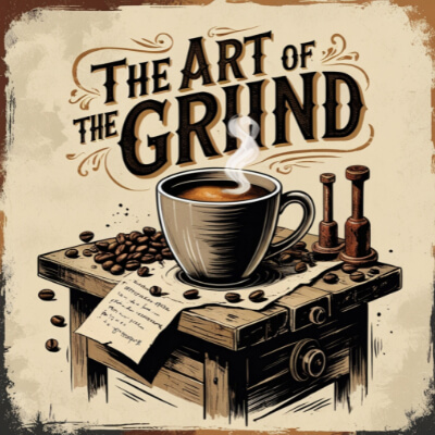 The Art of the Grind vintage-style illustration featuring a steaming coffee cup on an antique grinder with scattered coffee beans and a handwritten note, rendered in sepia tones with decorative typography.