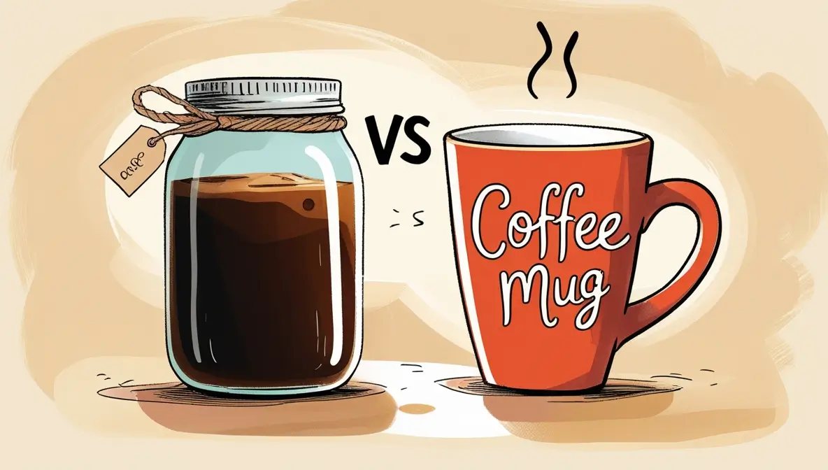 Mason jar vs coffee mug comparison illustration showing temperature retention battle between traditional glass jar and red ceramic mug with steam