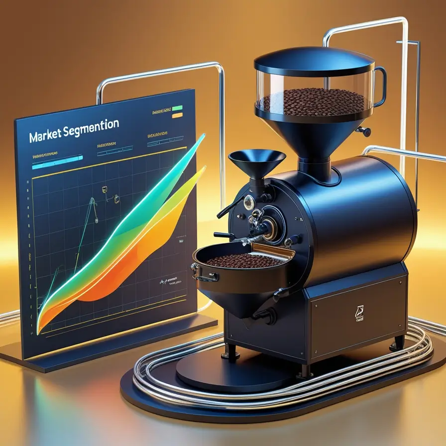 A sleek black coffee roasting machine stands on a table, alongside a colorful market segmentation graph displayed on a digital screen. The roaster is filled with freshly roasted coffee beans, symbolizing the technological advancements transforming the coffee industry.