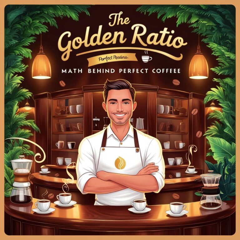 Illustration of a barista in white uniform standing behind a coffee counter with brewing equipment, under text reading 'The Golden Ratio: Perfect Pourover - Math Behind Perfect Coffee