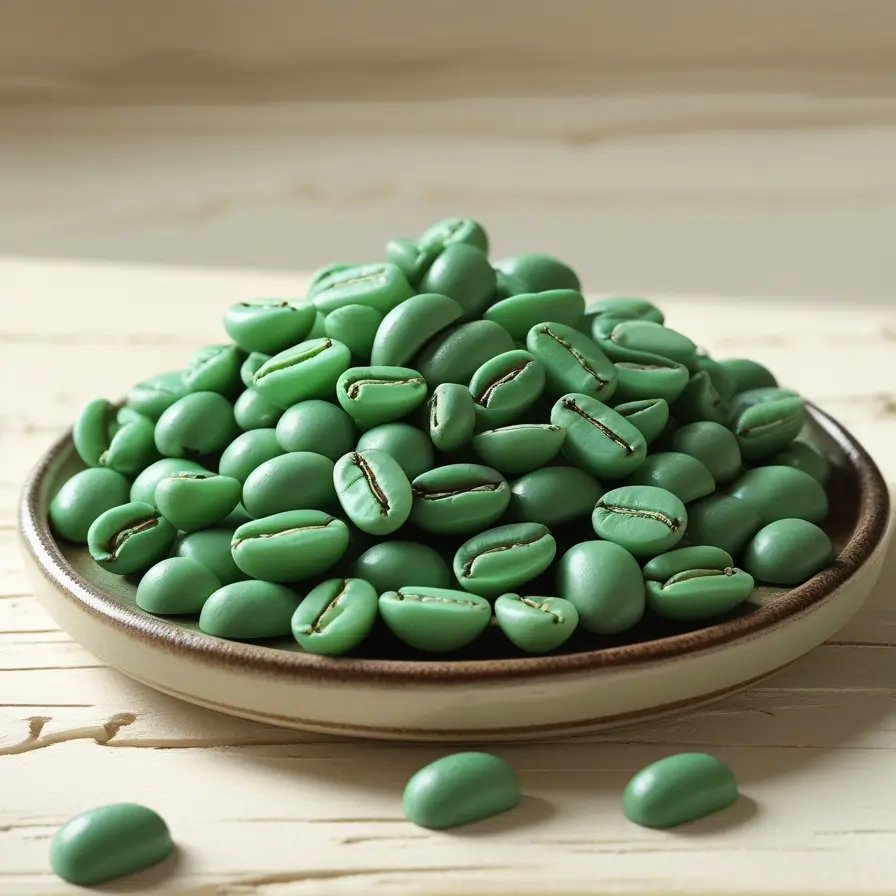 A ceramic plate filled with bright green, unroasted coffee beans arranged in a neat pile, with a few beans scattered on a light wooden surface below