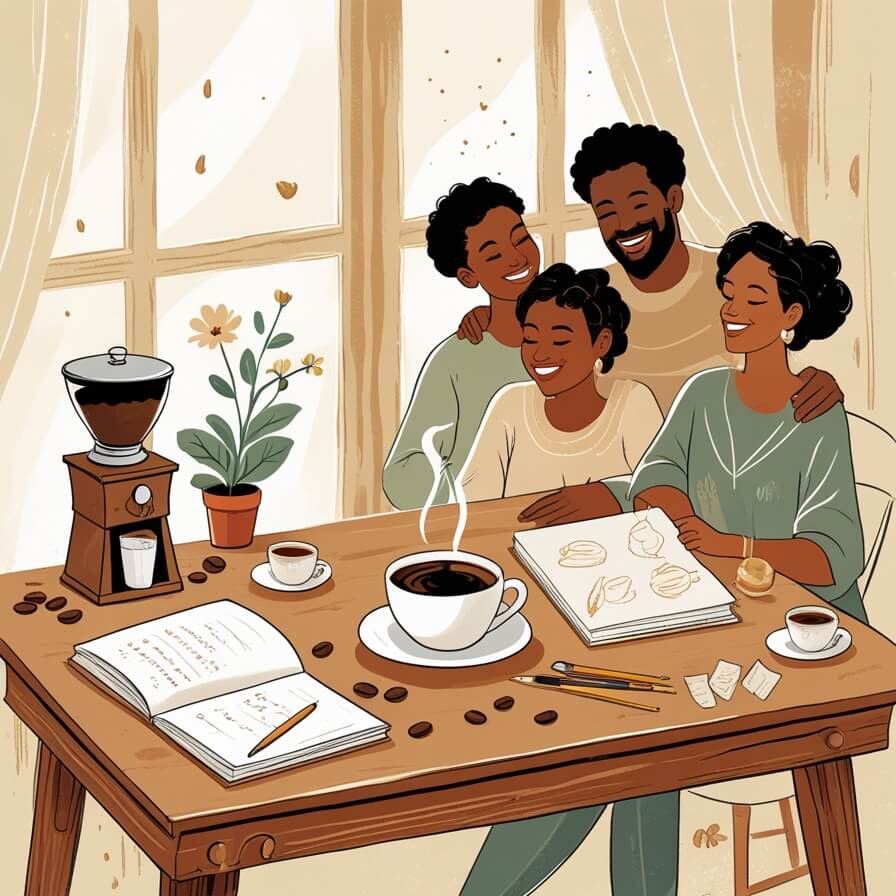 Illustration of a happy family of four gathered around a wooden table with coffee and art supplies. There's a coffee grinder by a window with flowers, open books, and coffee cups on the table. Everyone is smiling and sharing a cozy moment together.