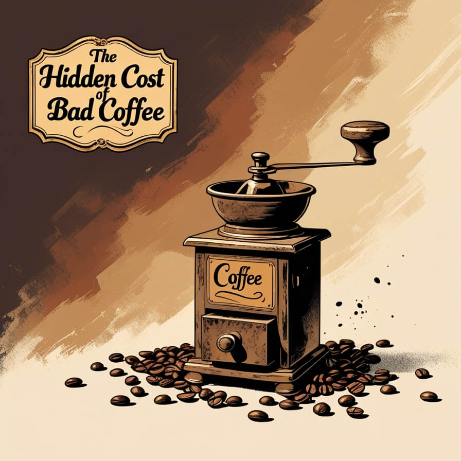 Vintage illustration of a manual coffee grinder with scattered coffee beans against a sepia gradient background, featuring an ornate label reading 'The Hidden Cost of Bad Coffee