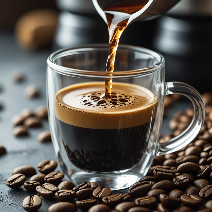 Close-up shot of espresso being poured into a double-walled glass cup, showing distinct layers of dark coffee and golden crema, surrounded by scattered whole coffee beans on a dark surface