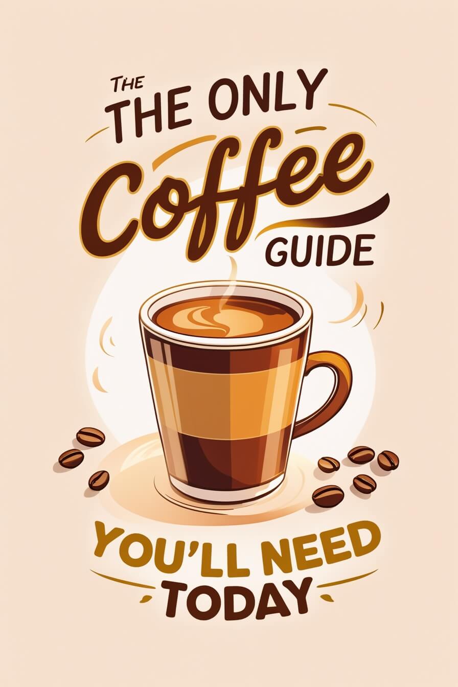 The Only Coffee Guide You'll Need Today - promotional illustration featuring a layered coffee drink in a clear glass mug with coffee beans scattered around, set against a warm beige background with stylized typography.