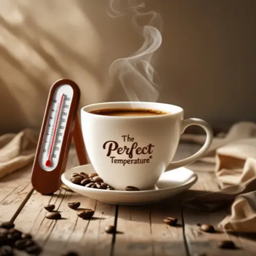 A steaming white coffee cup labeled 'The Perfect Temperature' next to a thermometer on a rustic wooden surface with scattered coffee beans and fabric