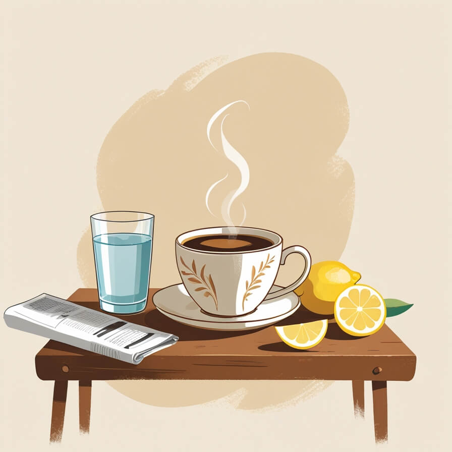 Cozy morning scene illustration featuring a steaming cup of decaf coffee with decorative leaf pattern on a wooden table, accompanied by a glass of water, fresh lemon slices, and a newspaper. Set against a warm beige background, the image represents a balanced approach to daily hydration.