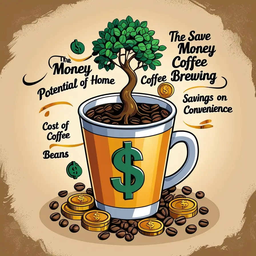 Illustrated coffee mug with a dollar sign and a money tree growing from coffee beans inside it, surrounded by gold coins and coffee beans. Text reads 'The Money Potential of Home Coffee Brewing' and 'Savings on Convenience' with decorative elements.