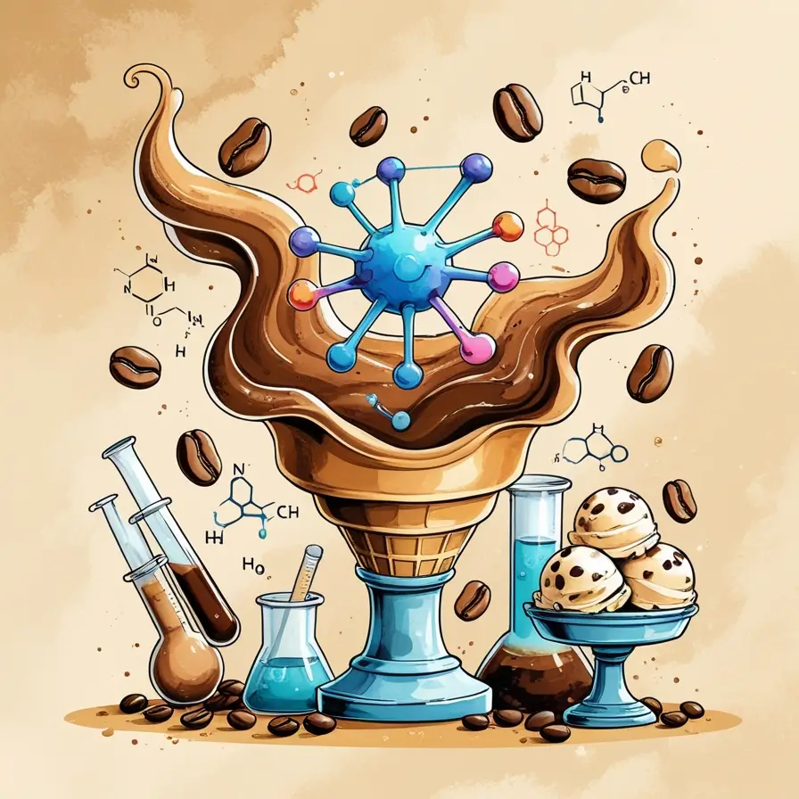 Scientific illustration of coffee ice cream chemistry showing molecular structure, coffee beans, lab equipment, and cookie dough scoops against beige background