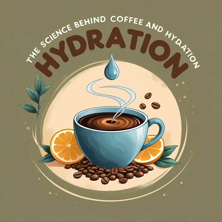 Illustrated educational graphic showing the science of coffee and hydration, featuring a steaming light blue coffee cup surrounded by coffee beans, orange slices, and green leaves on a beige circular background with text 'The Science Behind Coffee and Hydration' in brown lettering above.