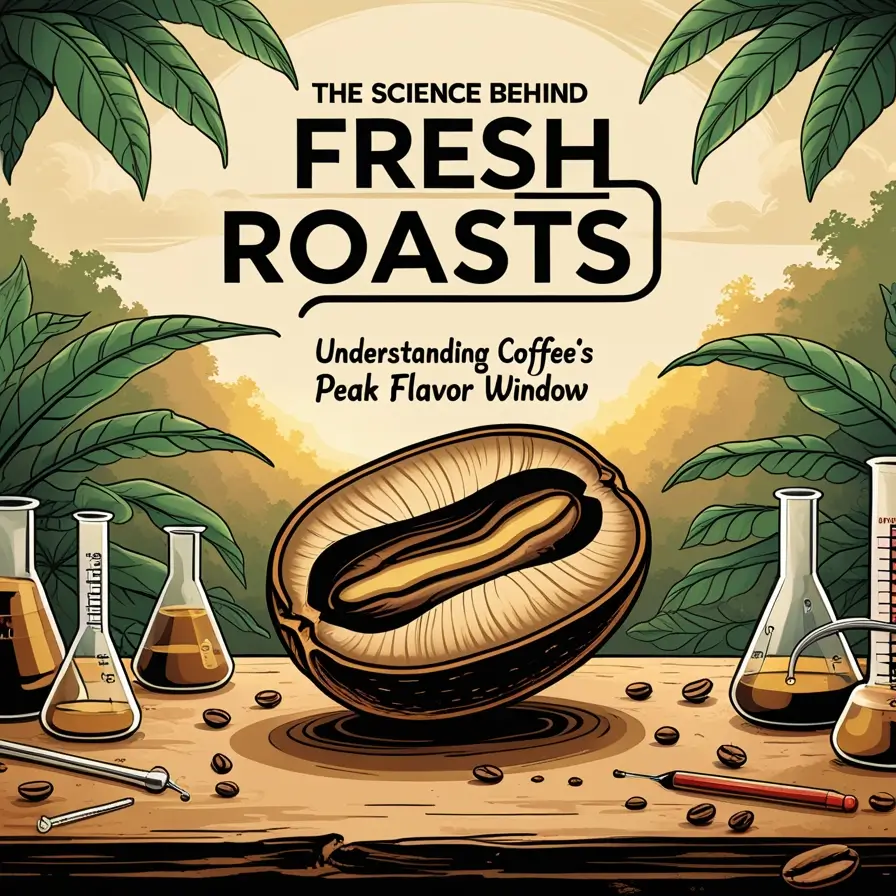 Scientific illustration of coffee roasting process, showing coffee bean cross-section, laboratory glassware, and coffee leaves, explaining coffee's flavor development