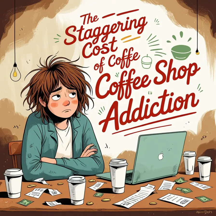 Illustration of a tired person with messy hair sitting at a desk with a laptop, surrounded by multiple empty coffee cups, receipts, and scattered dollar bills. They're wearing a teal jacket and looking frustrated while crossing their arms. Above them is stylized text reading 'The Staggering Cost of Coffee Shop Addiction' with decorative coffee cup icons.