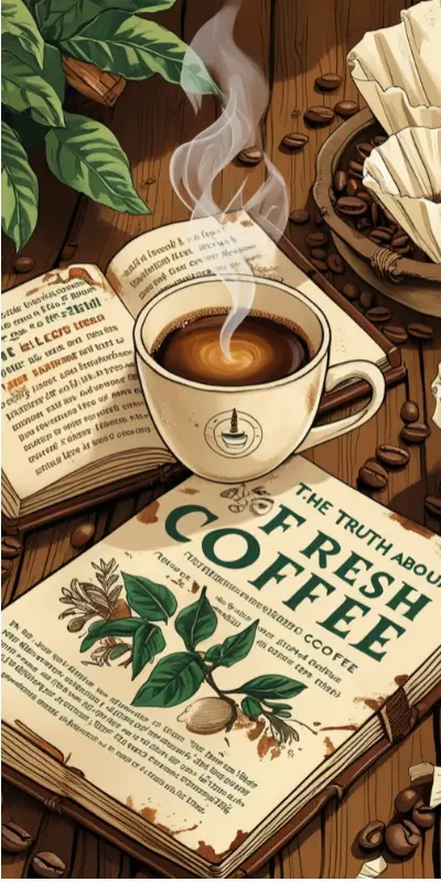 A cozy coffee scene featuring a steaming cup of fresh coffee beside open books about coffee, with scattered coffee beans and green coffee plant leaves on a wooden surface.