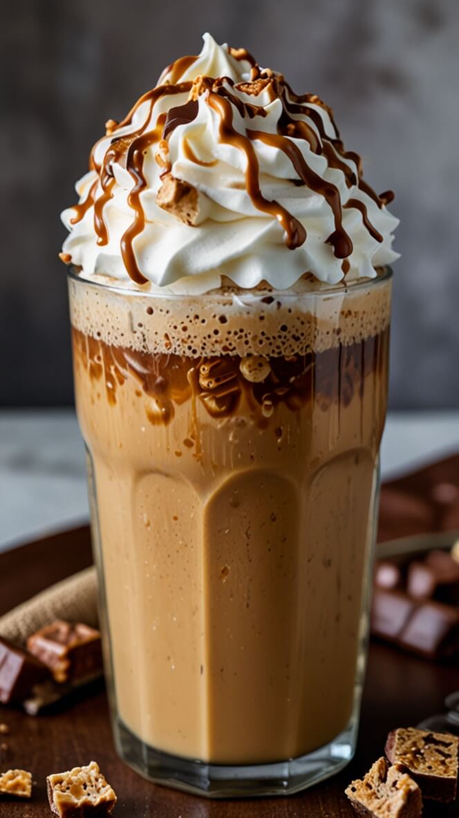 Iced English Toffee Coffee Latte in tall glass with whipped cream, caramel and chocolate drizzle, served with toffee pieces on wooden surface against grey background