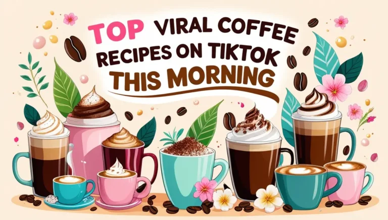 Illustrated collage of various trendy coffee drink recipes from TikTok. 16 Top Viral Coffee Recipe That Is All Over TikTok This Morning.