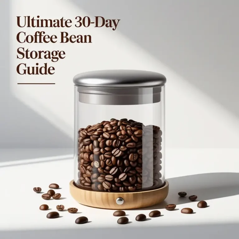 A minimalist product photo of a glass storage container with a metal lid and wooden base, filled with coffee beans. The container sits on a white surface with scattered coffee beans around it, and dramatic lighting creates strong shadows. The title 'Ultimate 30-Day Coffee Bean Storage Guide' appears in brown text.