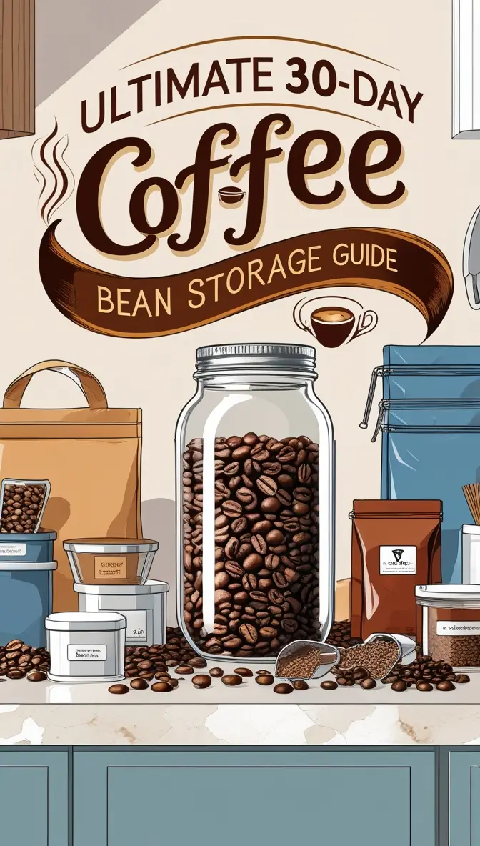 Decorative illustration featuring a title 'Ultimate 30-Day Coffee Bean Storage Guide' above various coffee storage containers including a large mason jar filled with coffee beans, vacuum-sealed bags, storage tins, and scattered coffee beans on a countertop.