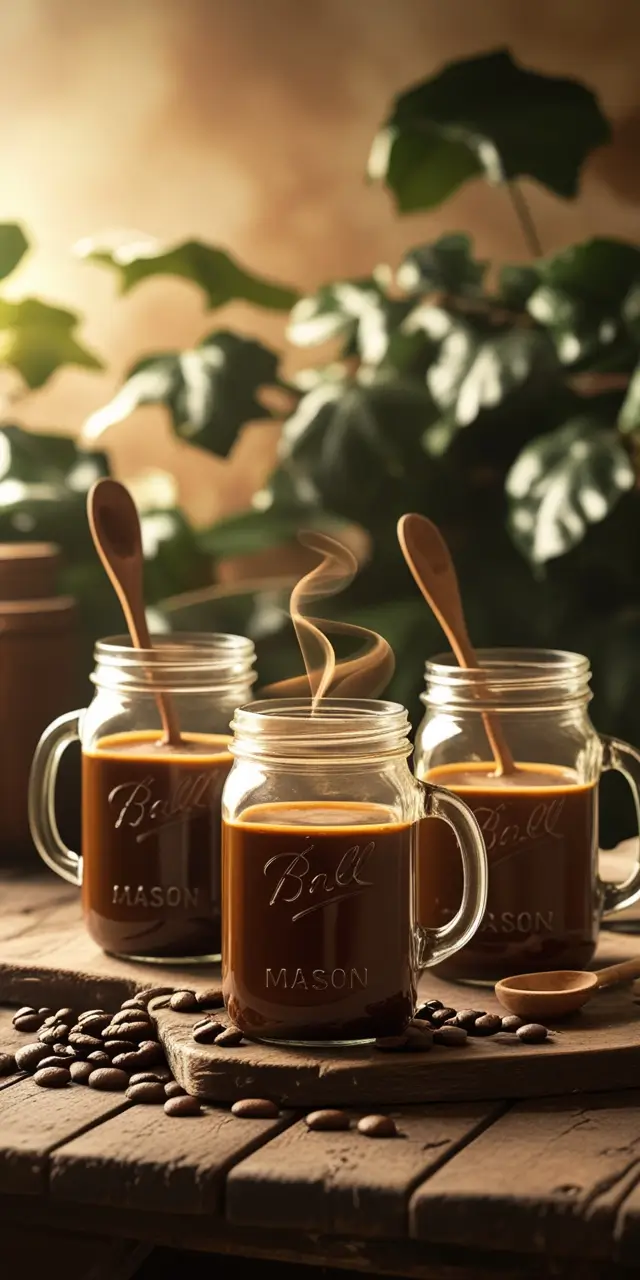 Hot coffee in Ball Mason jar mugs with steam rising, surrounded by coffee beans and indoor plants, demonstrating heat retention properties