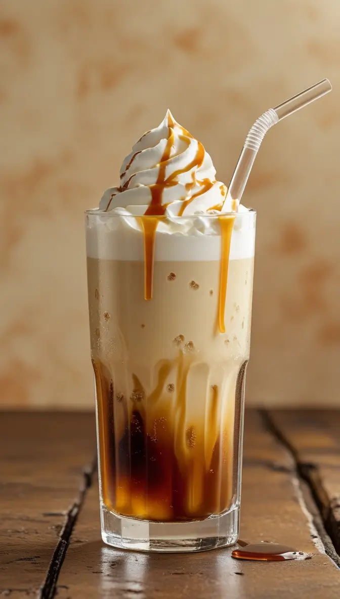 A tall glass of layered vanilla sweet cream cold brew coffee topped with whipped cream and caramel drizzle, served with a clear straw on a wooden surface