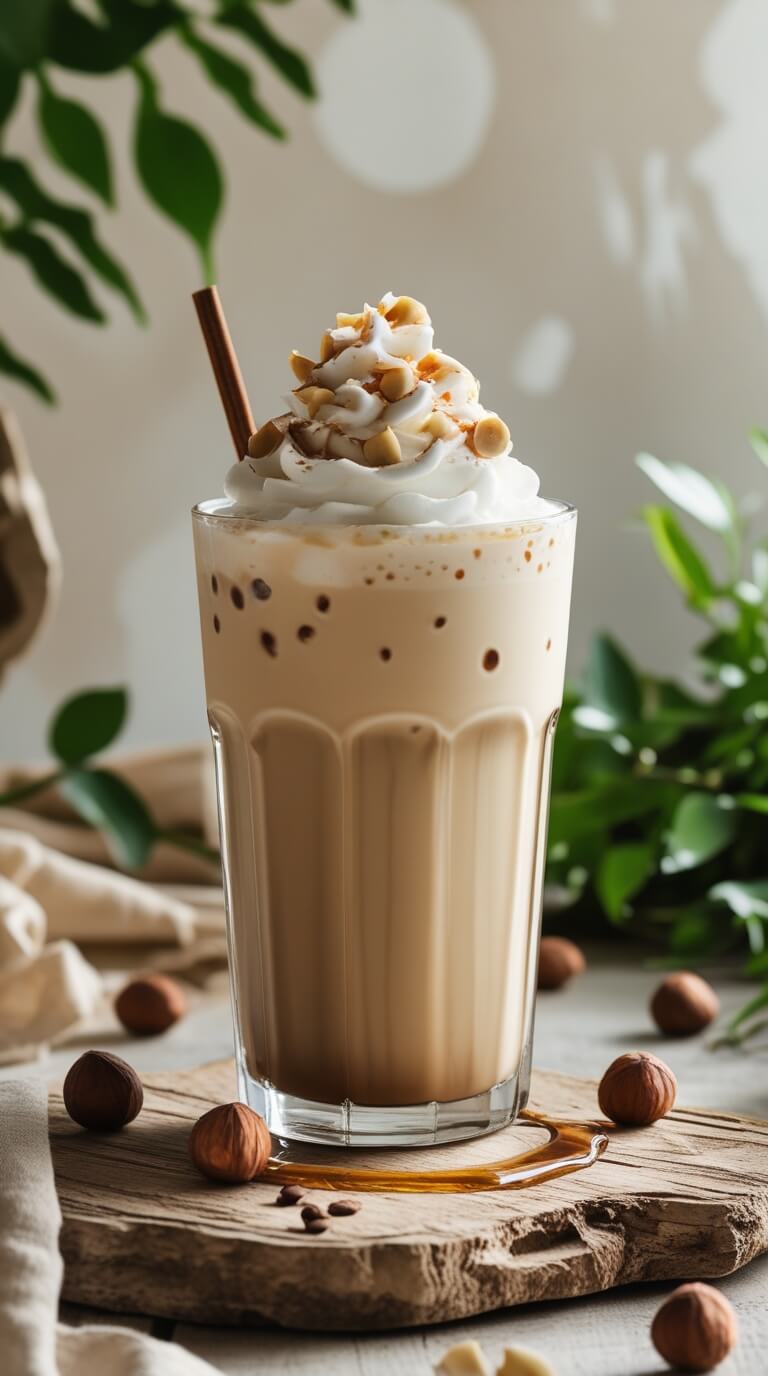 A tall glass of vegan hazelnut iced coffee topped with dairy-free whipped cream and chopped hazelnuts, served on a wooden board with whole hazelnuts scattered around and green plants in the background