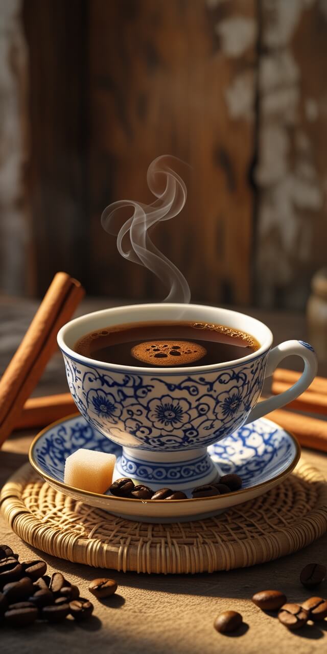 Steaming Vietnamese cinnamon coffee in a blue and white floral teacup, with cinnamon sticks, sugar cube, and coffee beans on a woven bamboo coaster