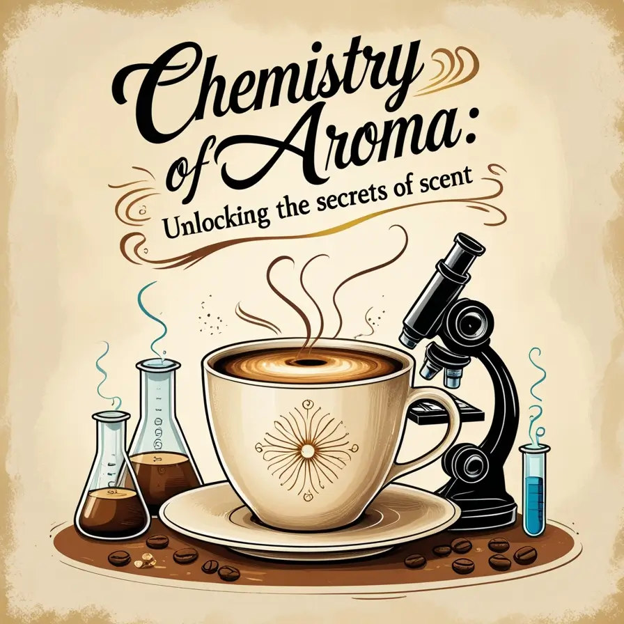 Vintage-style illustration featuring a coffee cup with latte art alongside scientific equipment including a microscope and beakers, with coffee beans scattered around, under a decorative title 'Chemistry of Aroma