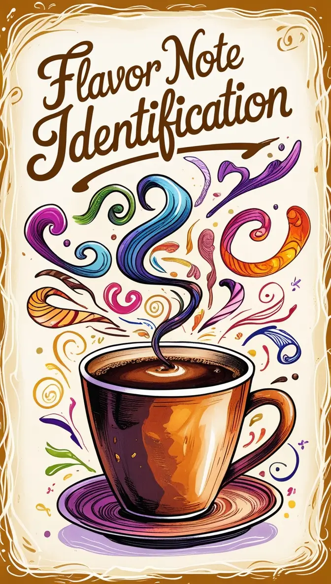 Artistic illustration of a coffee cup with colorful swirling steam representing different flavor notes, titled 'Flavor Note Identification' in decorative typography against a vintage-style background