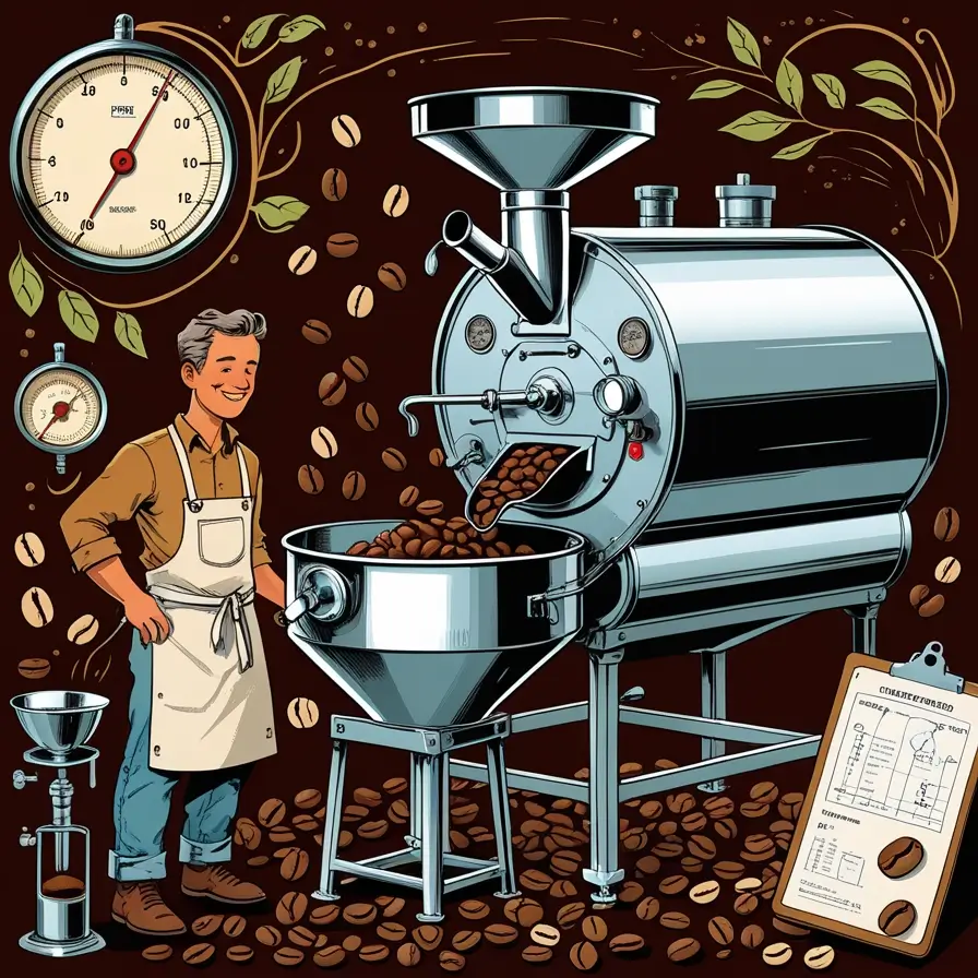 Illustrated scene of a coffee roaster at work, featuring a large commercial coffee roasting machine, temperature gauges, and a smiling roaster in an apron standing beside the equipment, with coffee beans and decorative leaves scattered across a dark background.