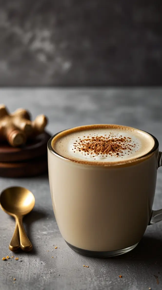 Classic ginger latte in a cream-colored mug with frothy milk and dusted spices on top, served with fresh ginger root and a gold spoon on a dark grey surface