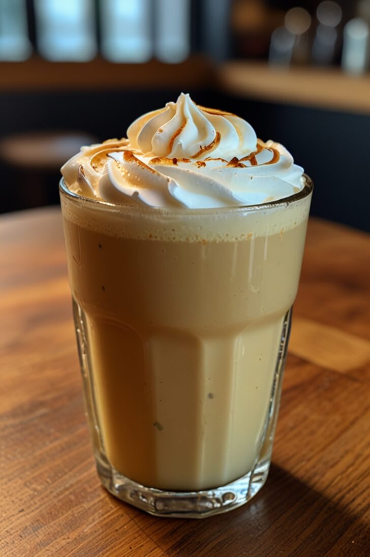 Classic honey latte in tall glass topped with swirled whipped cream and caramel drizzle on wooden table, cafe-style presentation