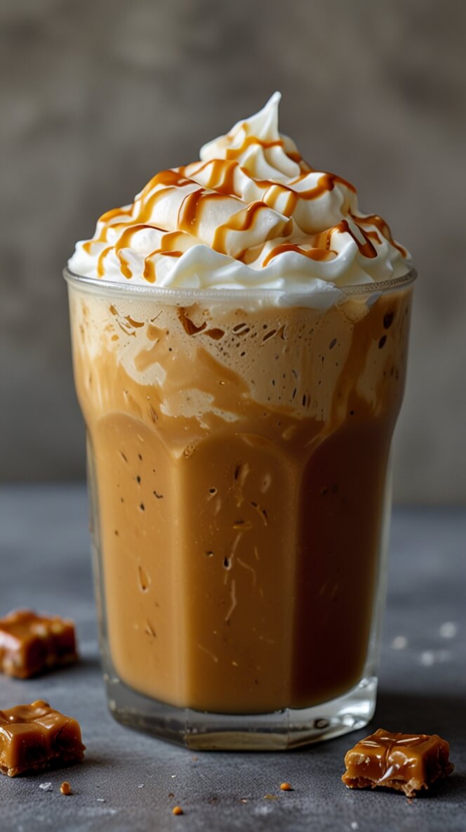 Creamy iced caramel latte topped with whipped cream and caramel drizzle in a clear glass with caramel pieces on the side.