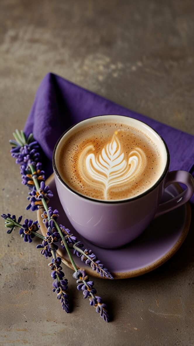 A purple ceramic cup containing lavender latte with intricate leaf latte art, served on a matching saucer with fresh lavender sprigs and purple napkin on a rustic concrete surface