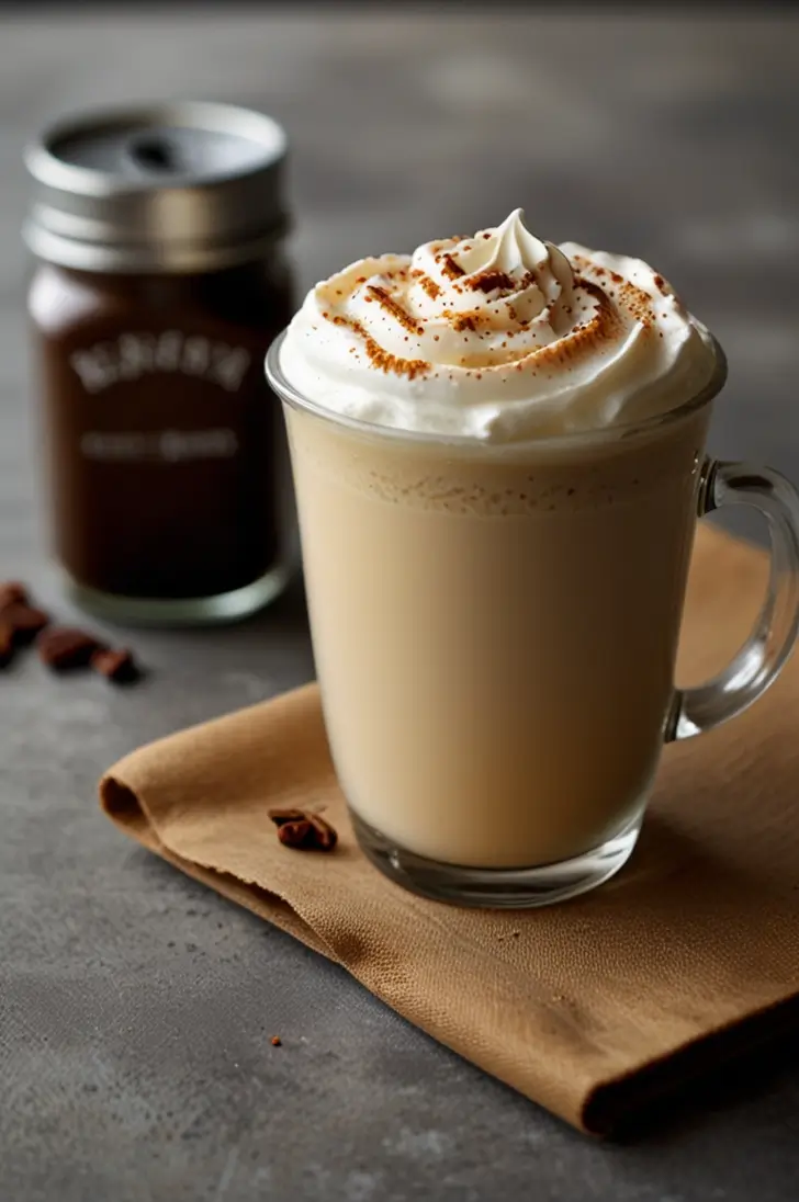 Homemade vanilla cream latte in a clear glass mug topped with whipped cream and cinnamon, served alongside coffee beans and a dark bottle on a brown napkin against a grey surface