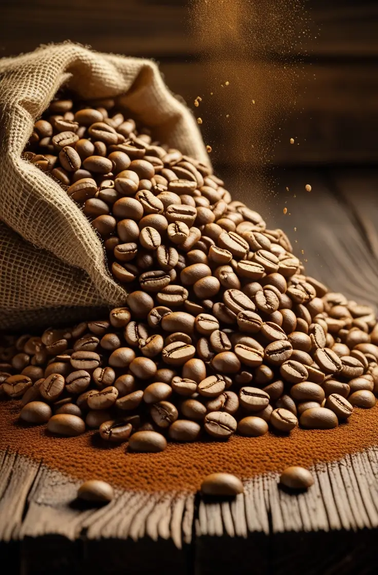 Fresh light roast coffee beans spilling from burlap sack onto rustic wooden surface with warm golden lighting and coffee powder dusting