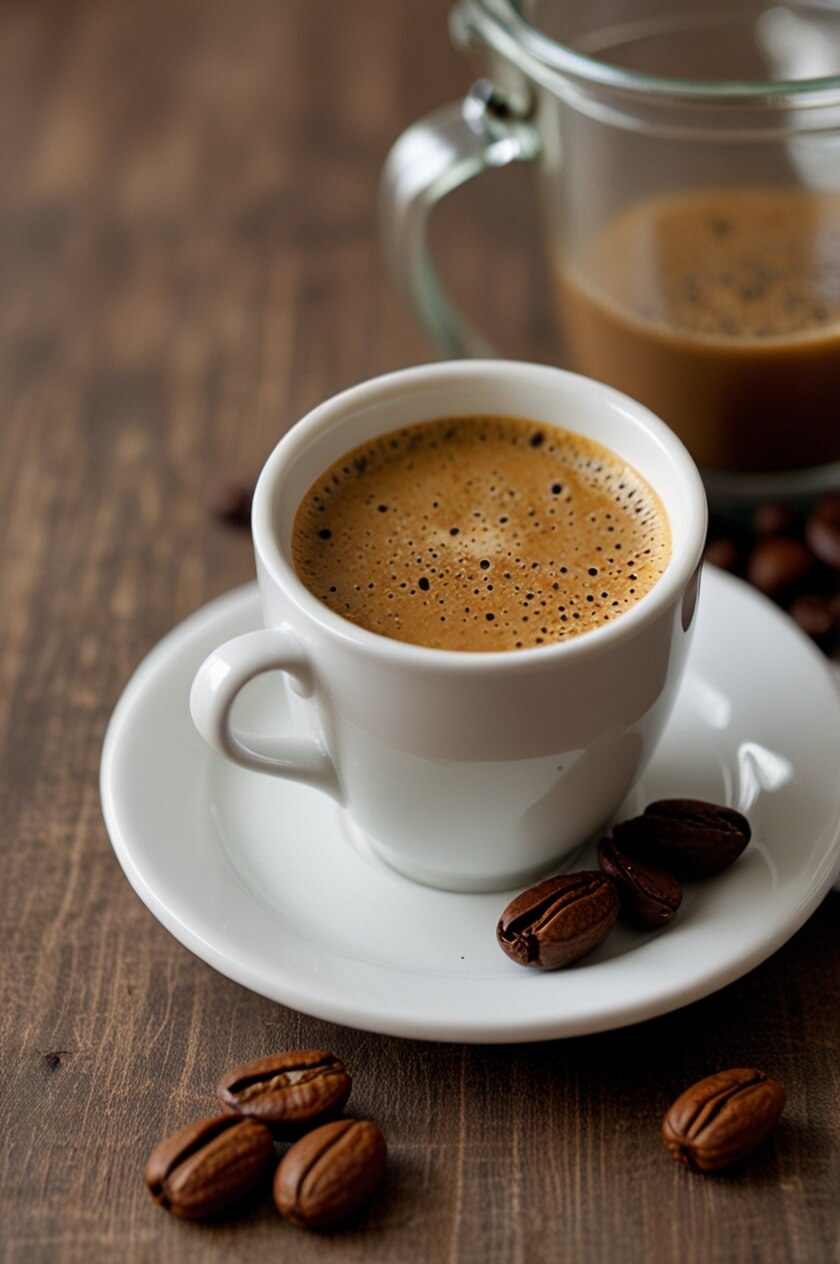 A ceramic cup of steaming coffee topped with golden spice powder, set on a white cloth against a wooden surface