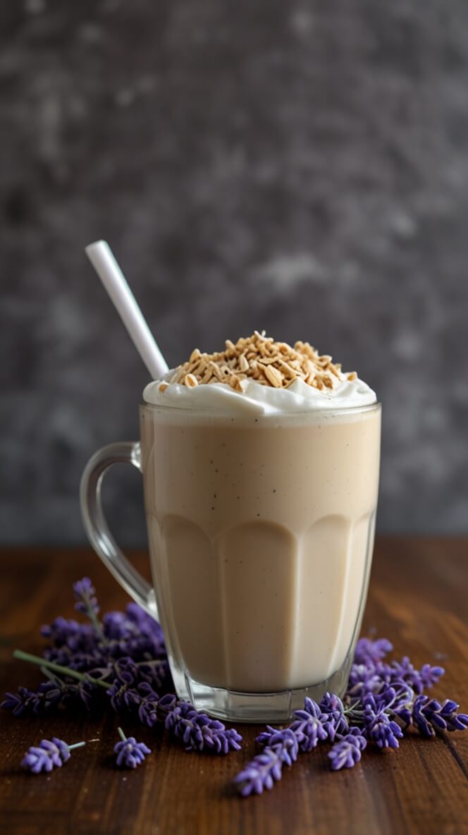 Glass mug filled with creamy lavender oat milk latte topped with whipped cream and granola, set on wooden surface with fresh lavender sprigs