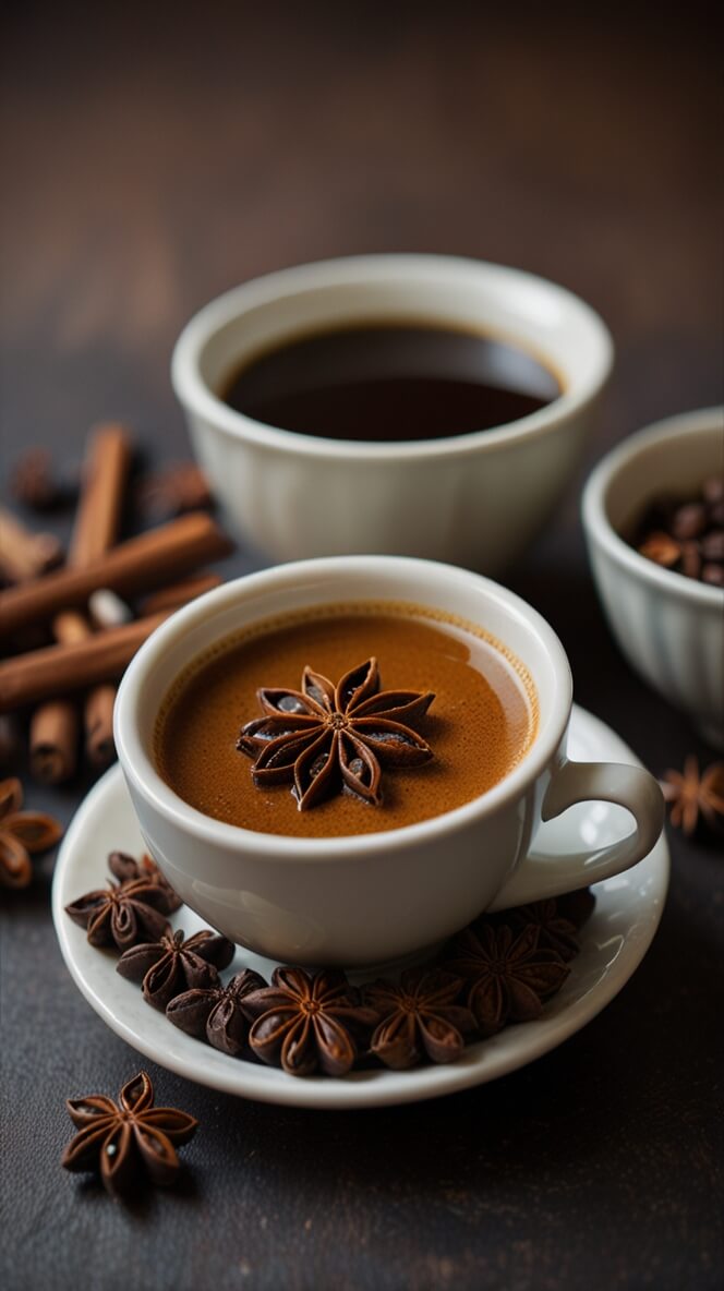 White ceramic cup of star anise coffee with a star anise flower floating on top, surrounded by whole star anise pods and cinnamon sticks on a dark background