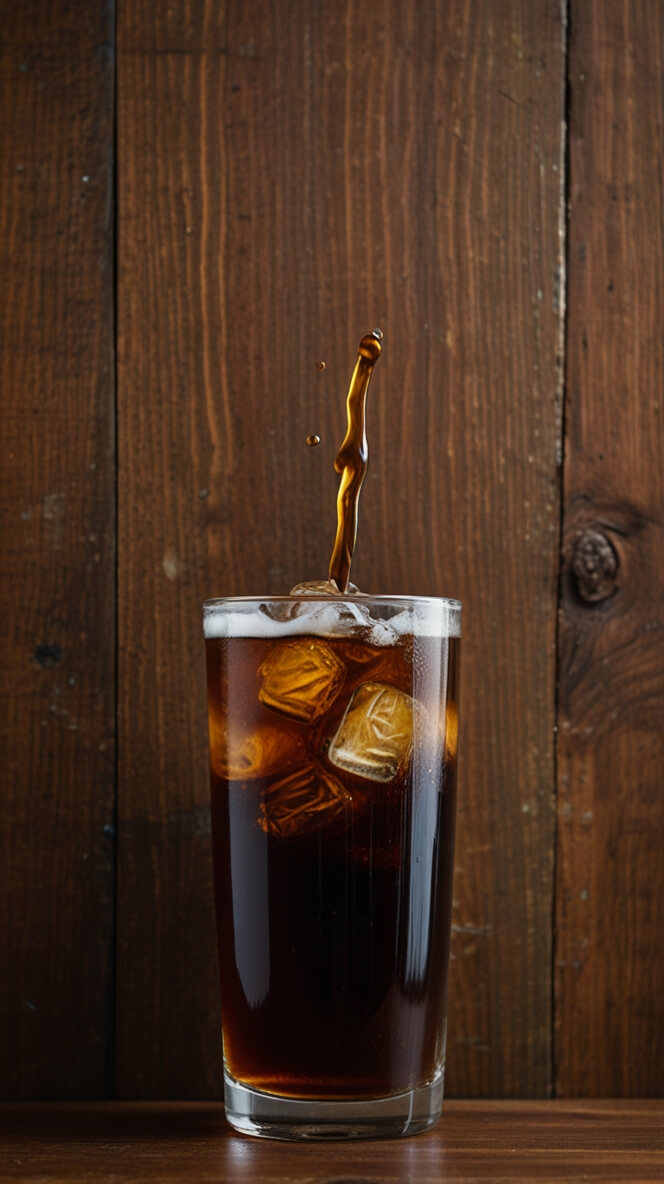 Tall glass of dark cedar-aged cold brew coffee with ice cubes and a splash of liquid captured mid-air against a rustic wooden background