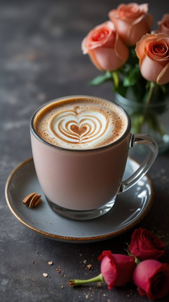 Elegant glass mug of cardamom rose latte with heart-shaped latte art, served on a gray saucer alongside fresh pink and peach roses against a dark textured background